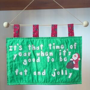 Handmade Vintage Kitschy Cloth Christmas Sign Jolly Santa